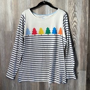 Boden Striped Long Sleeve Tee with Colorful Tree Design